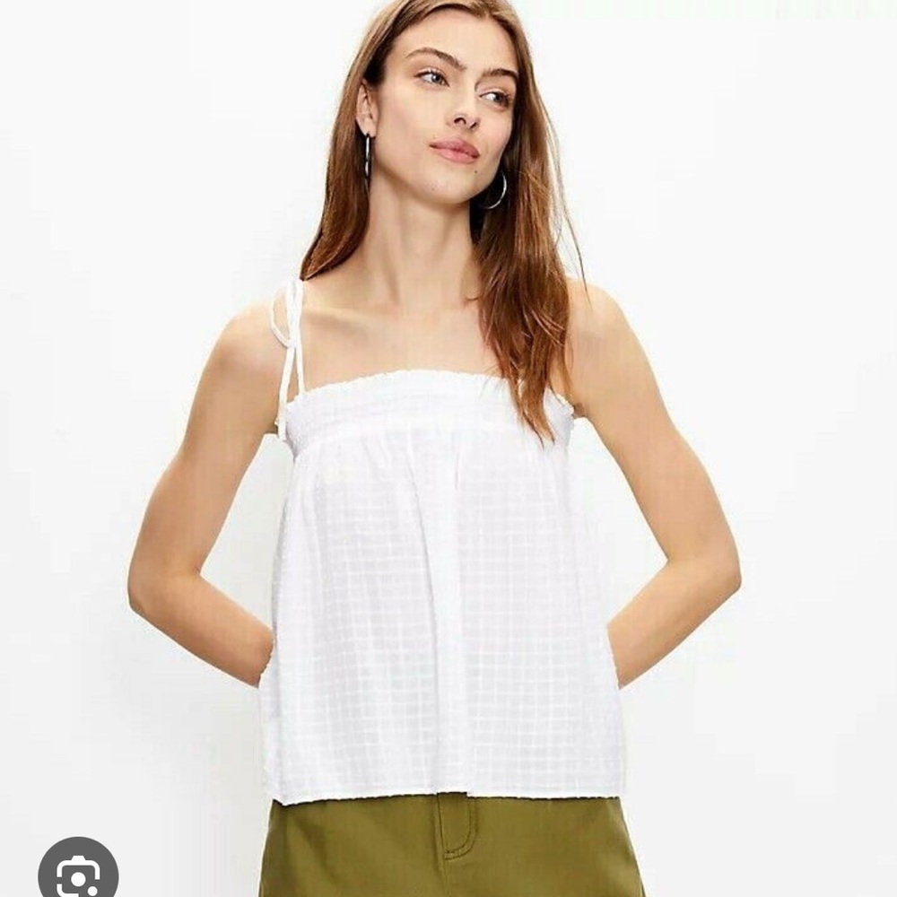 LOFT White Gauze Tie-Strap Smocked Top